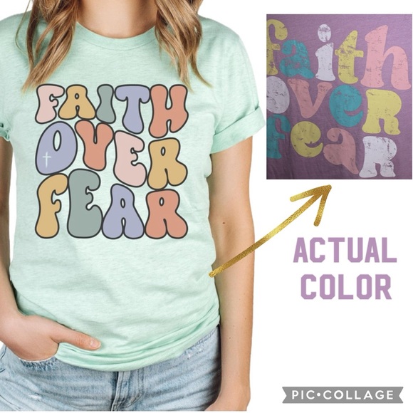 NWT! Press Lab Lilac Faith Over Fear Short Sleeve Crew Neck Graphic T-Shirt - Picture 2 of 8